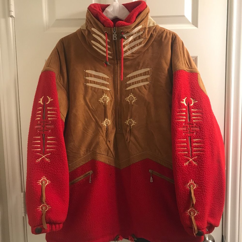 Men's Bogner Ski Pullover SIZE L Red Wool and Suede Native American Design
